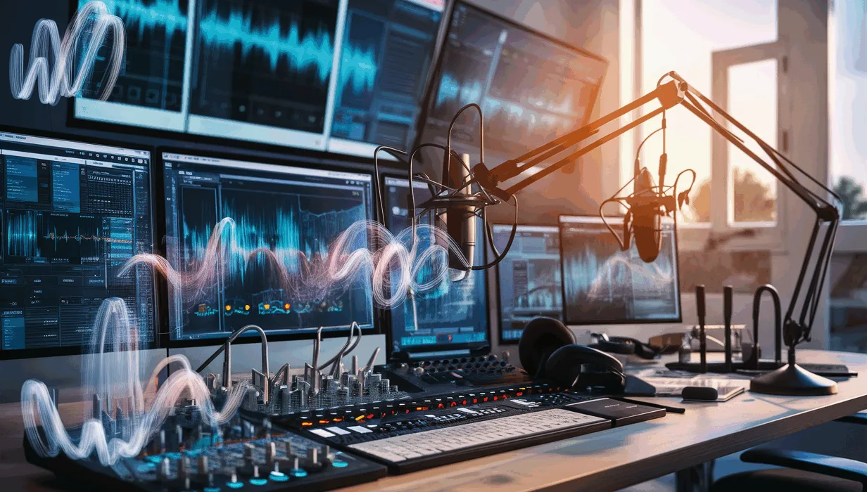 Professional podcast editing workspace with multiple screens, audio equipment, and floating digital sound wave visuals illuminated by natural light.