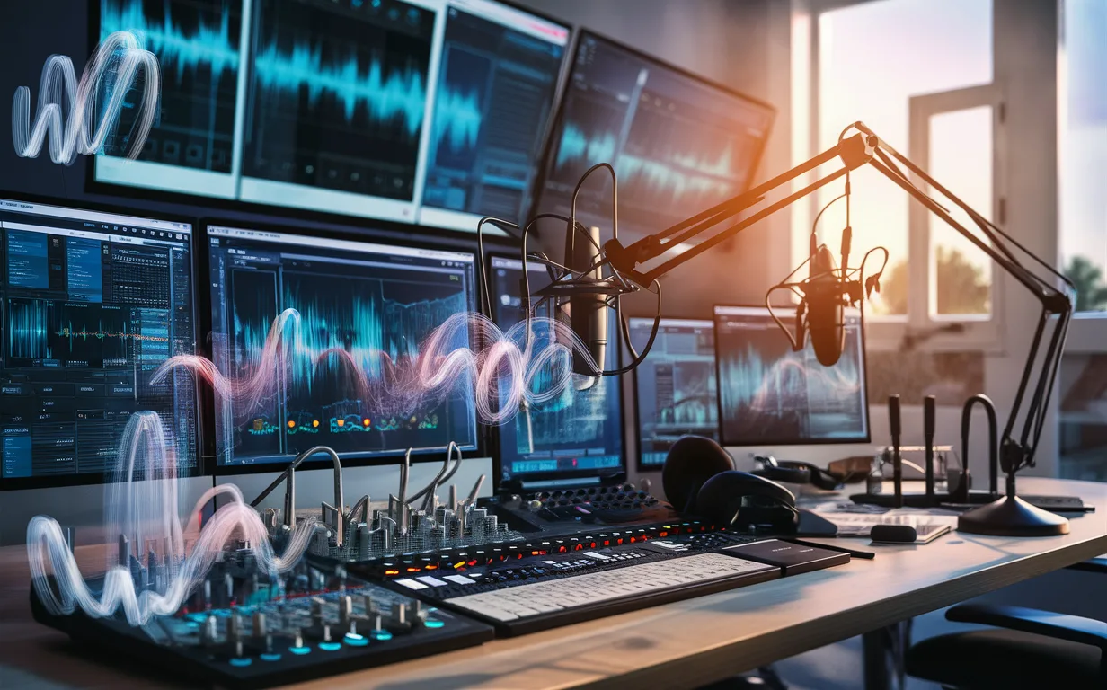 Professional podcast editing workspace with multiple screens, audio equipment, and floating digital sound wave visuals illuminated by natural light.