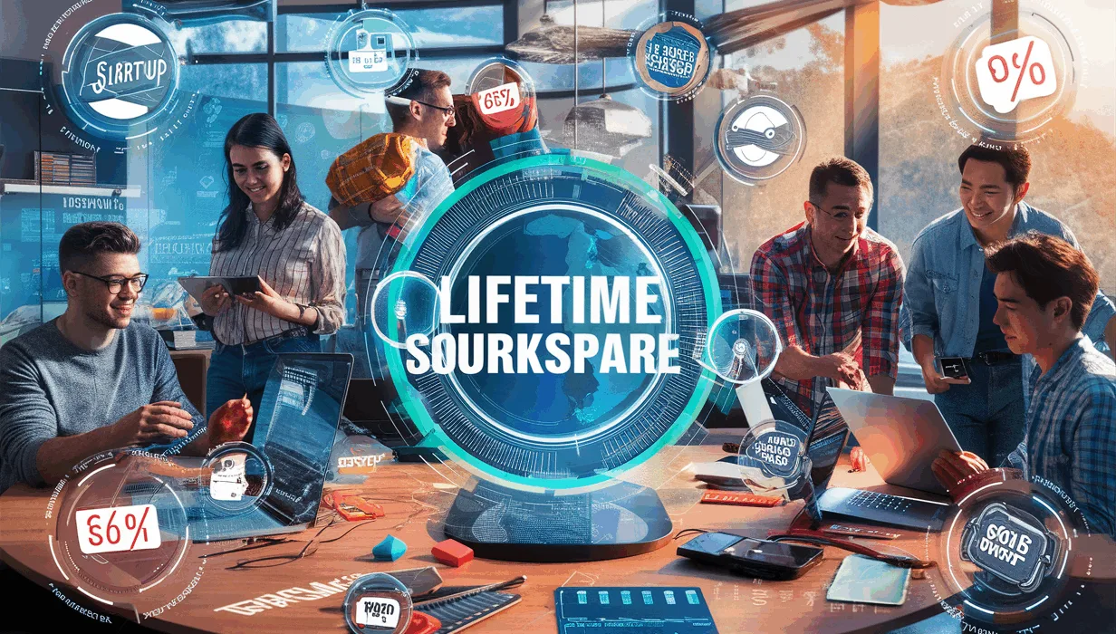 Realistic workspace scene showing young entrepreneurs engaging with digital software marketplace interfaces, symbolizing lifetime software deals for startup founders.