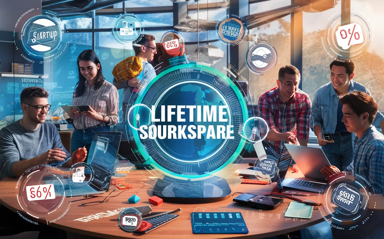 Realistic workspace scene showing young entrepreneurs engaging with digital software marketplace interfaces, symbolizing lifetime software deals for startup founders.