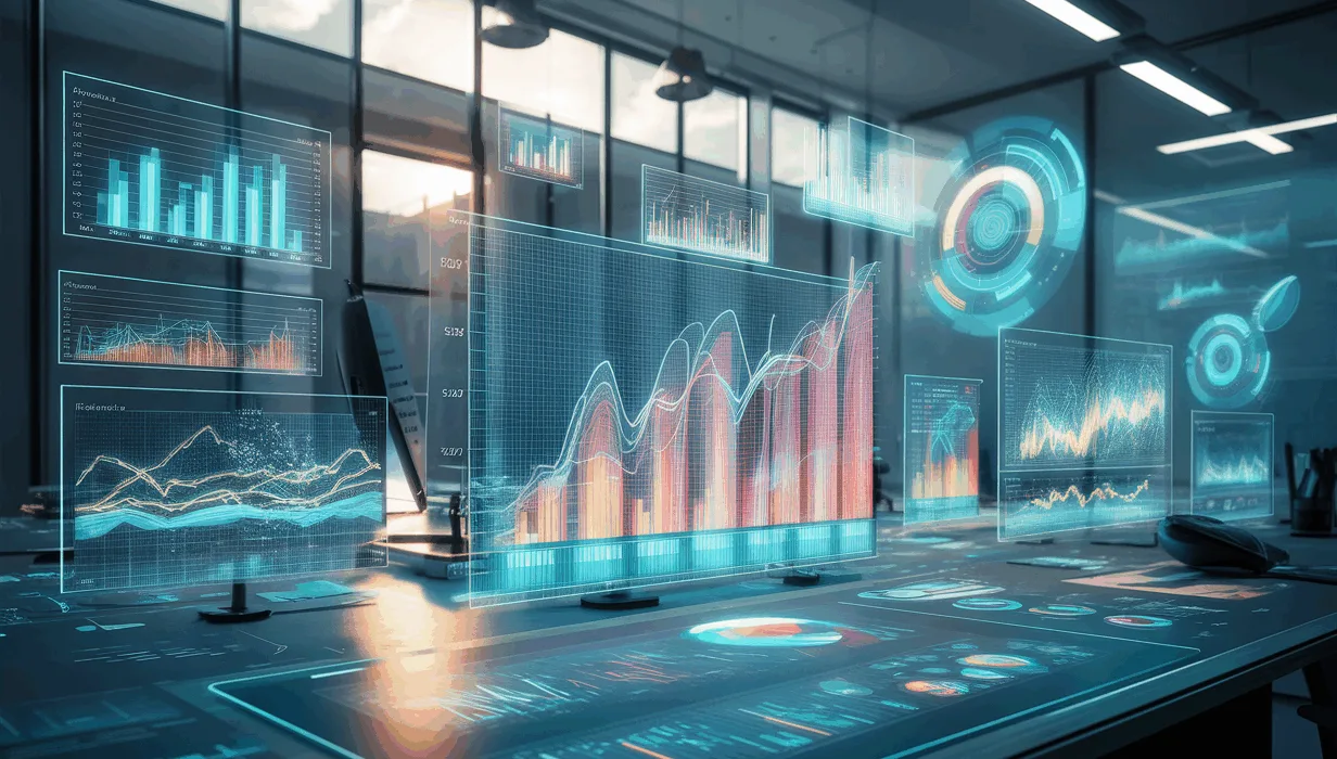 Realistic image of a modern digital workspace with advanced interactive data visualization charts floating holographically, representing a business-focused chart library solution.