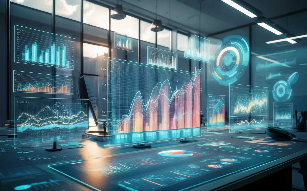 Realistic image of a modern digital workspace with advanced interactive data visualization charts floating holographically, representing a business-focused chart library solution.
