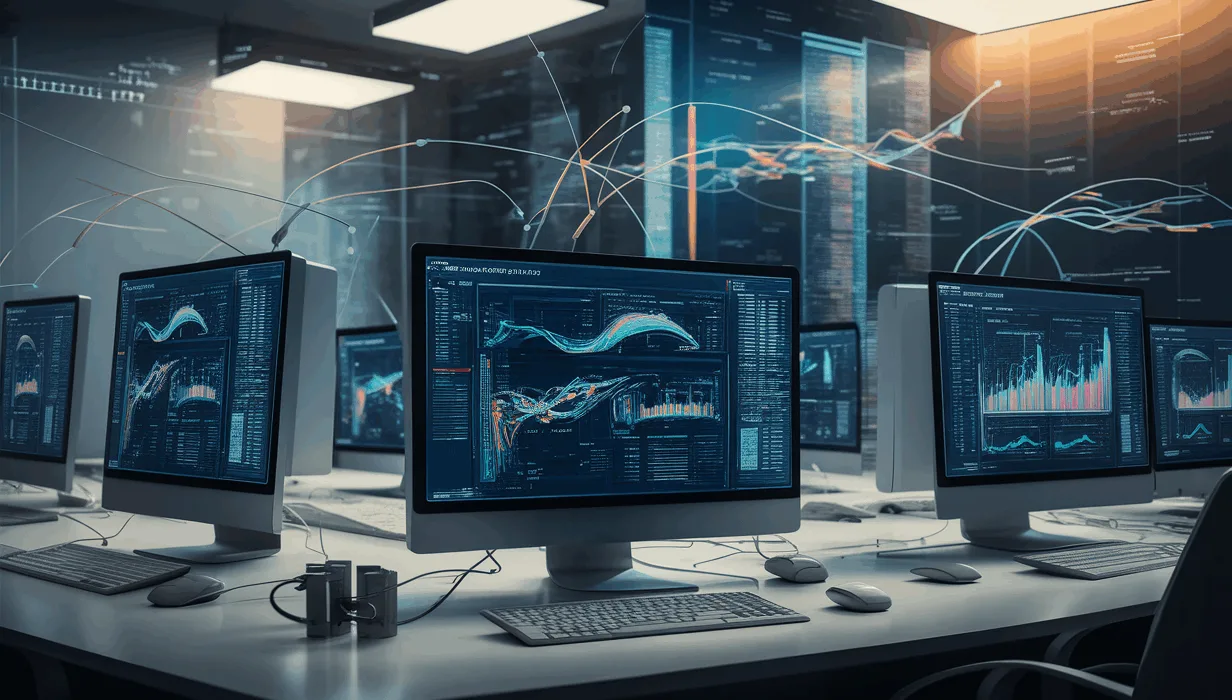 Realistic workspace showing multiple monitors with data visualization and network connections symbolizing web scraping and proxy solutions in a modern tech environment.