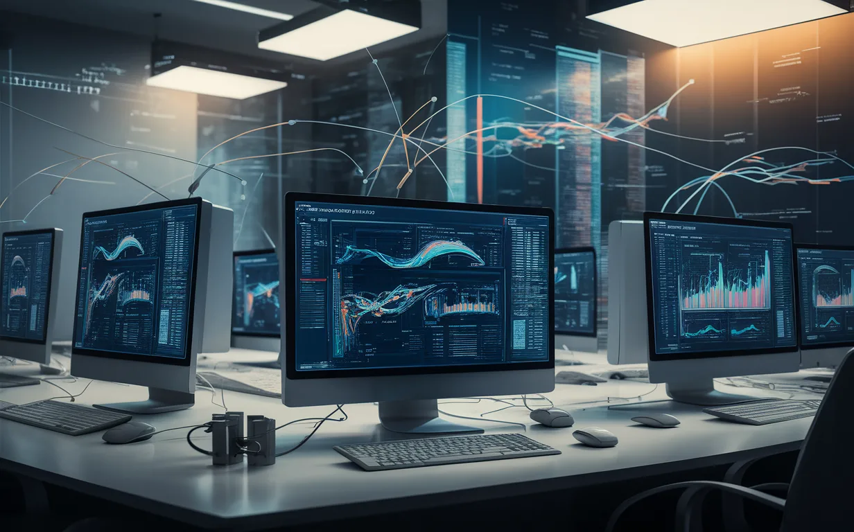 Realistic workspace showing multiple monitors with data visualization and network connections symbolizing web scraping and proxy solutions in a modern tech environment.