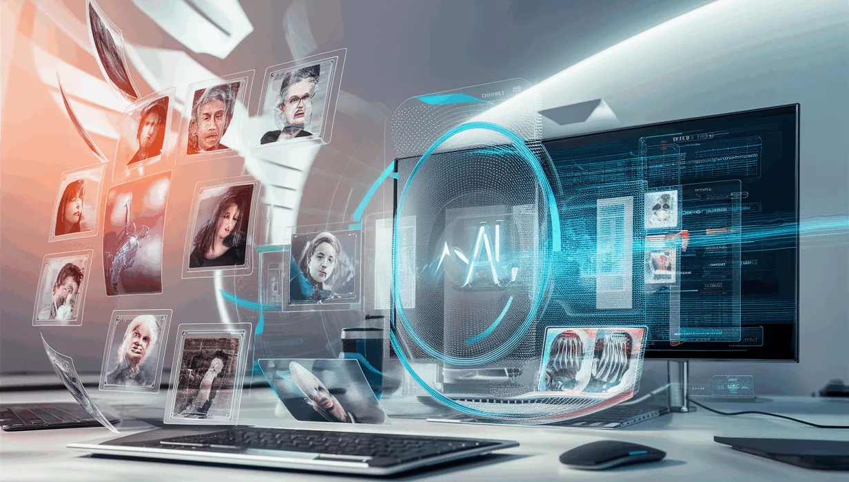Realistic visualization of AI image recognition and automatic tagging technology with holographic interfaces and floating images in a modern futuristic work environment.