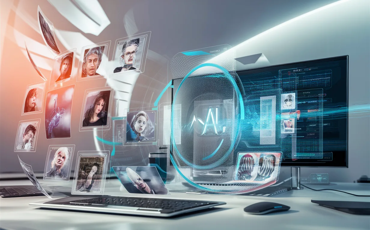 Realistic visualization of AI image recognition and automatic tagging technology with holographic interfaces and floating images in a modern futuristic work environment.