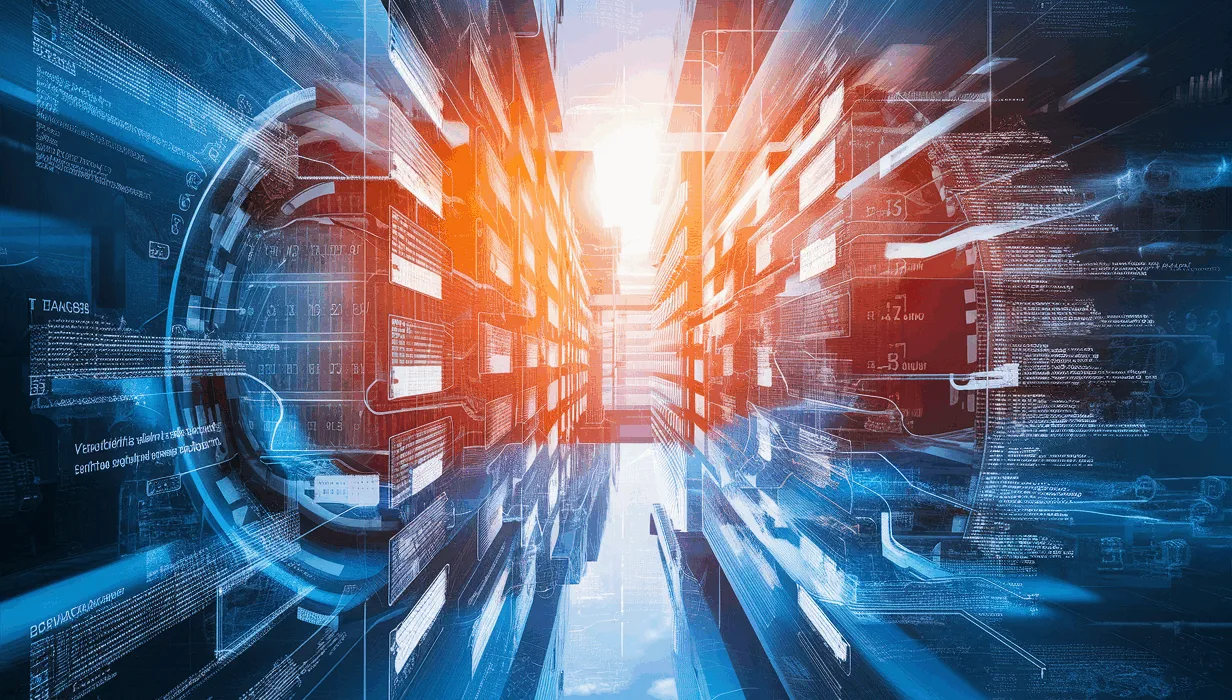 Realistic 4K depiction of interconnected digital calendars and API data flows symbolizing a powerful scheduling API integration solution for enterprises in a modern IT business setting.