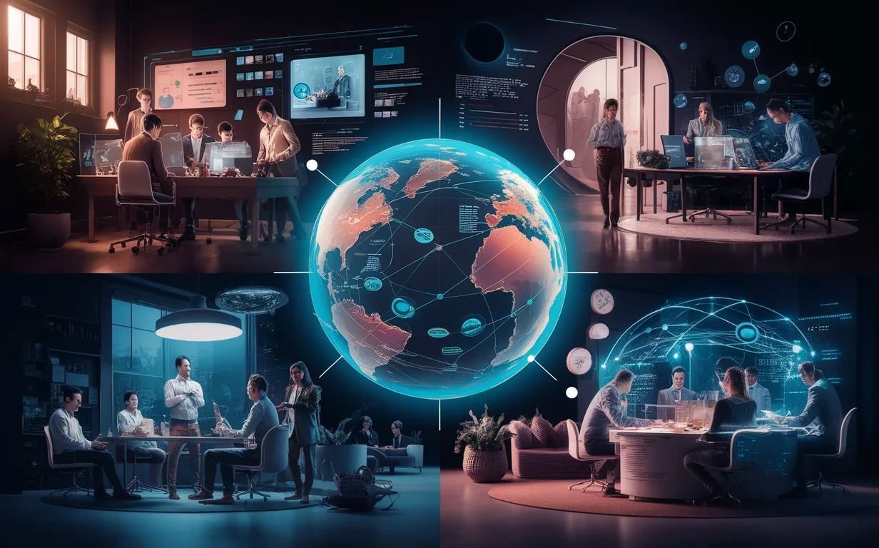 Visual representation of diverse user groups such as remote teams, hybrid organizations, startups, and global teams collaborating efficiently through a virtual platform