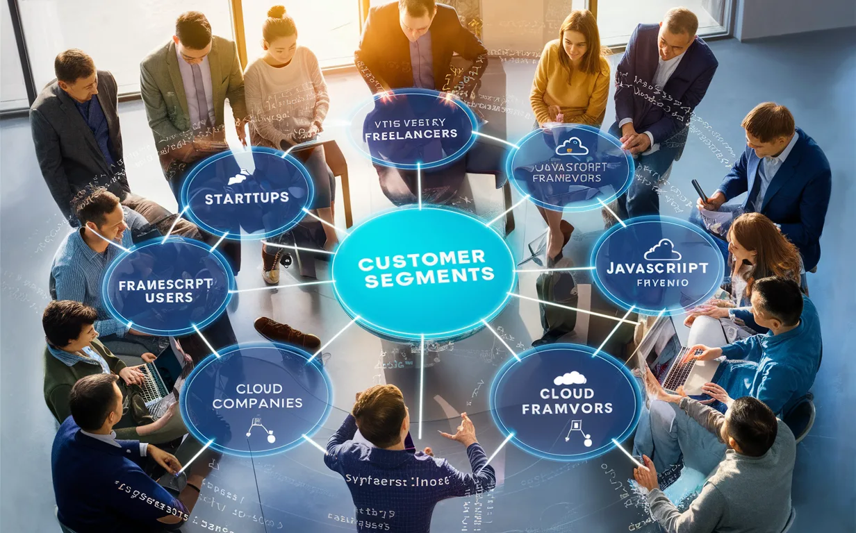 A detailed scene of developers and business users interacting with a holographic virtual network diagram illustrating customer segments such as startups, freelancers, SaaS companies, and modern framework users.