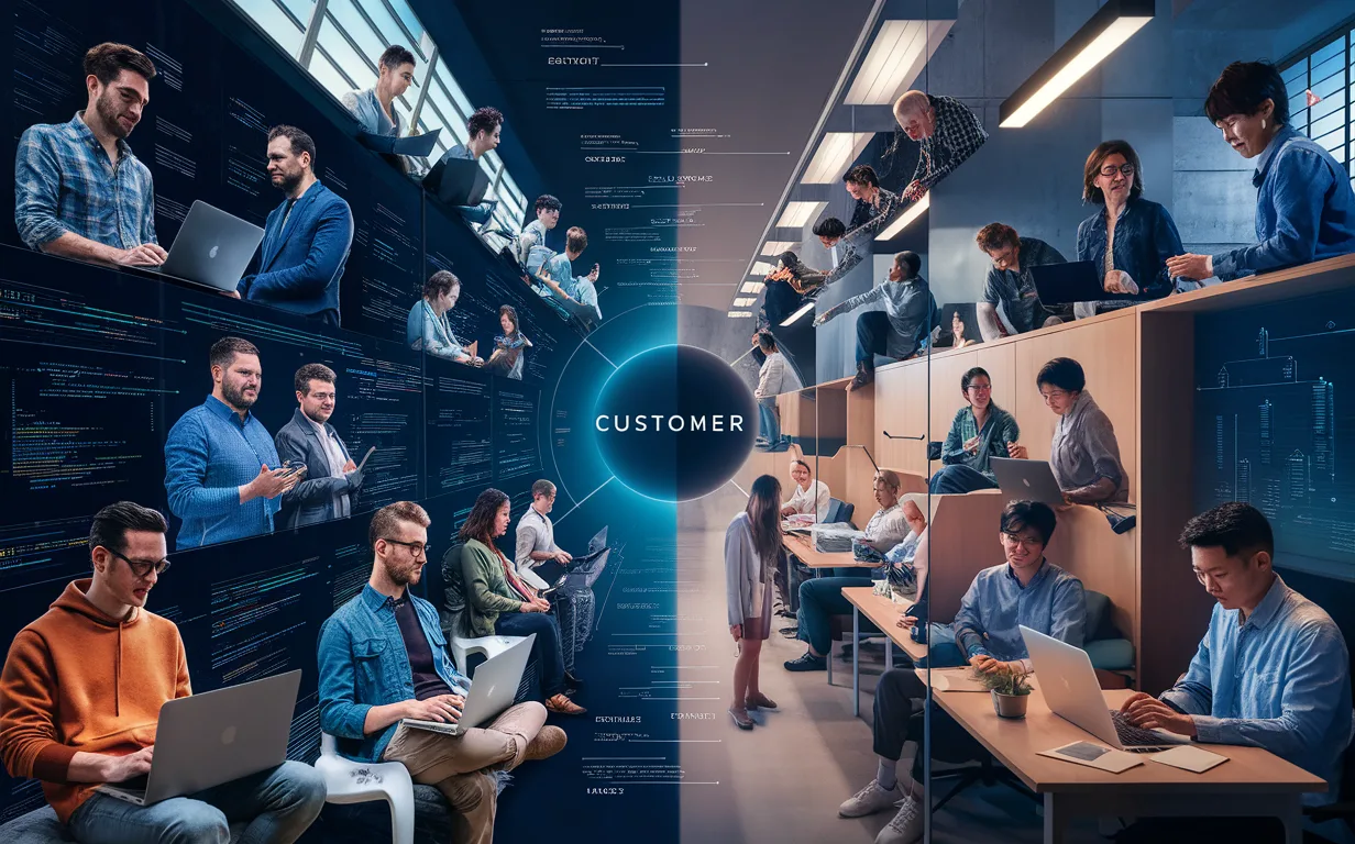 Realistic 4K image showing diverse developer profiles and company types connected by a digital platform symbolizing a service targeting developers and hiring companies.