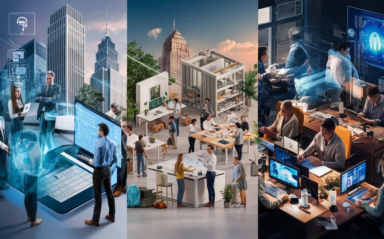Realistic illustration of three main customer groups for a developer hiring platform: large tech corporations, startups, and recruitment agencies, each shown in their typical work environments using advanced hiring technologies.