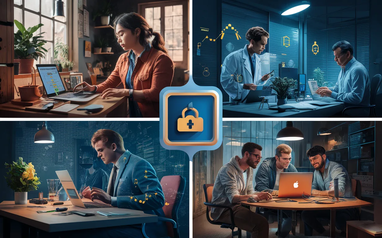 Realistic image showing diverse users of a privacy-centric web analytics tool: small business owner, sensitive industry office, compliance environment, and ethical open-source developers.