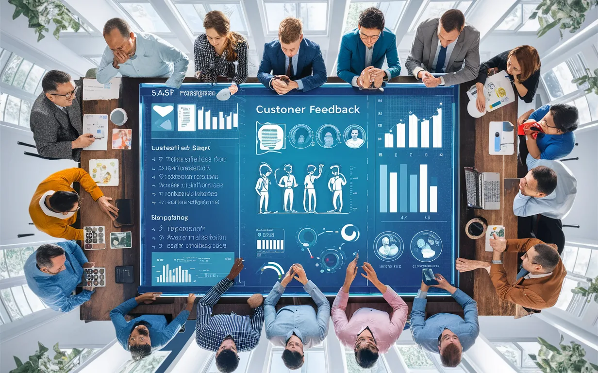 Diverse business teams using AI-powered digital tools to analyze and leverage customer feedback in a modern, sunlit office environment.
