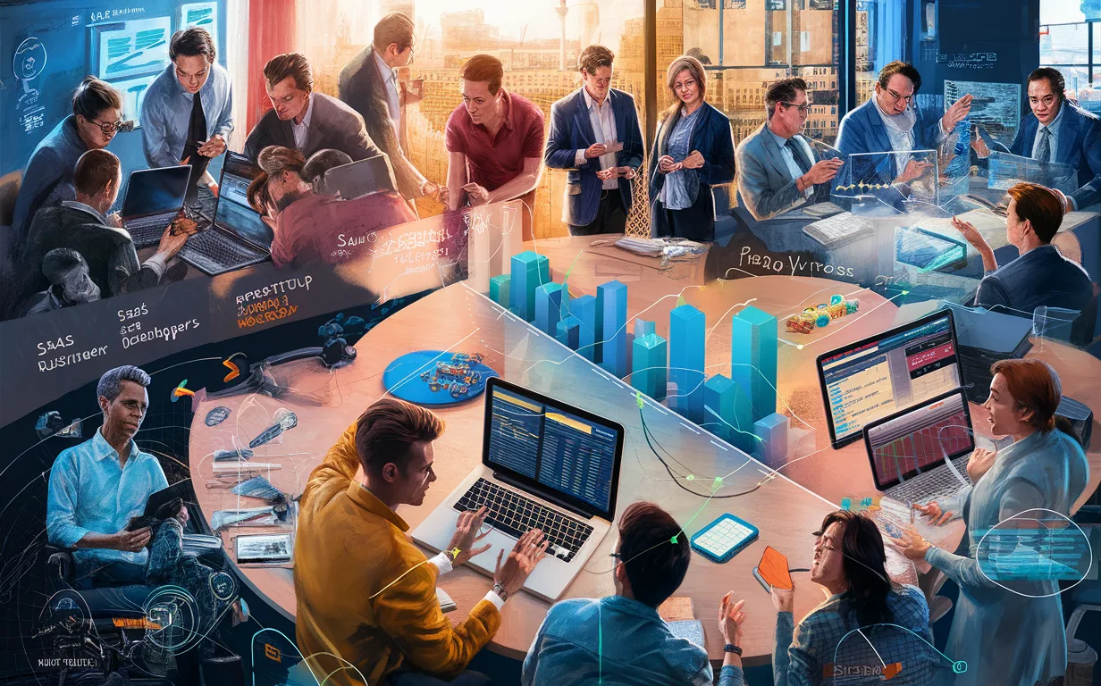 Realistic image of various business professionals including SaaS teams, startup developers, and traditional companies interacting with digital dashboards and analytics in a modern office, illustrating user segments of a customer feedback platform.