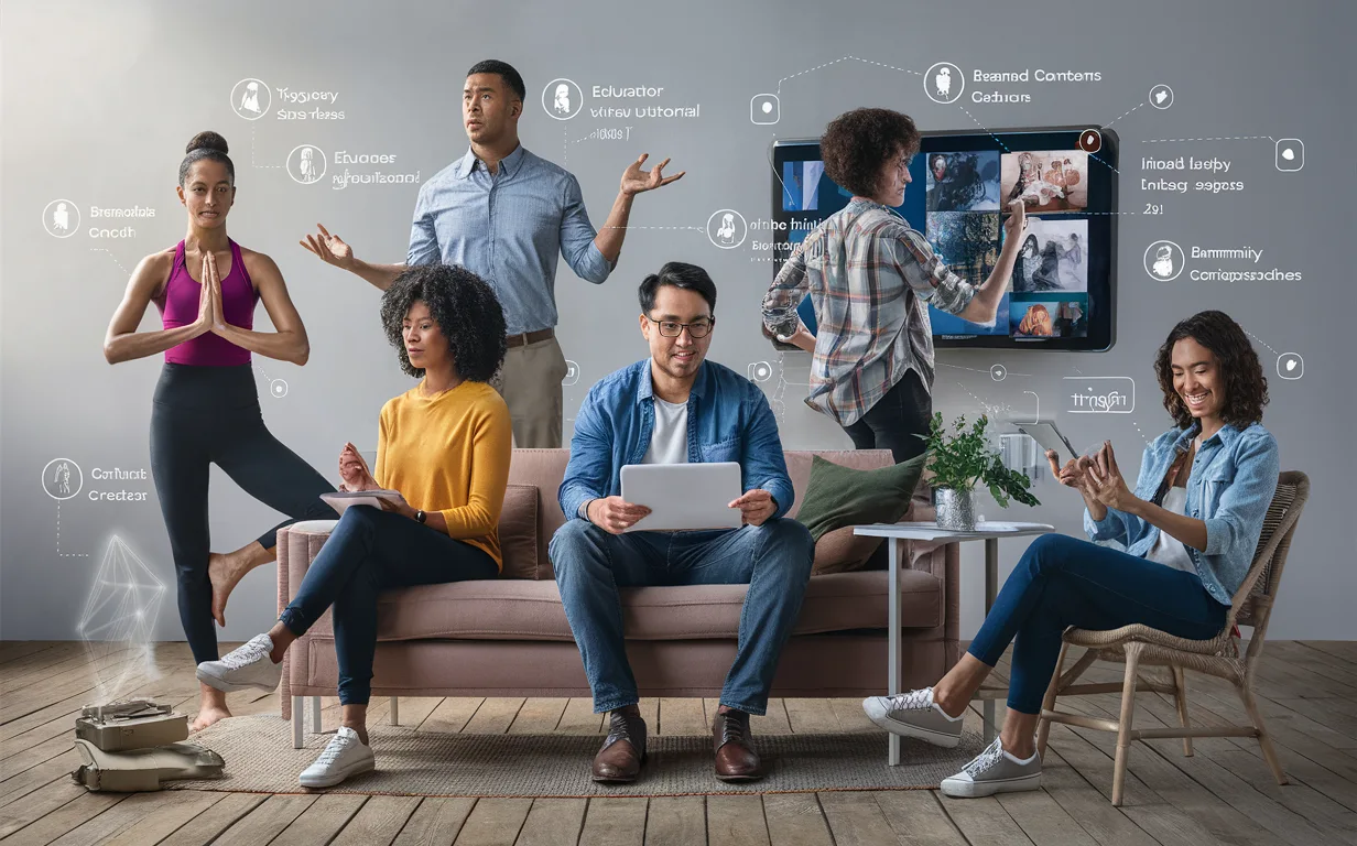 Diverse creative professionals including fitness instructors, educators, entertainers, business owners, and community creators showcasing the target users of a subscription-based video streaming platform.