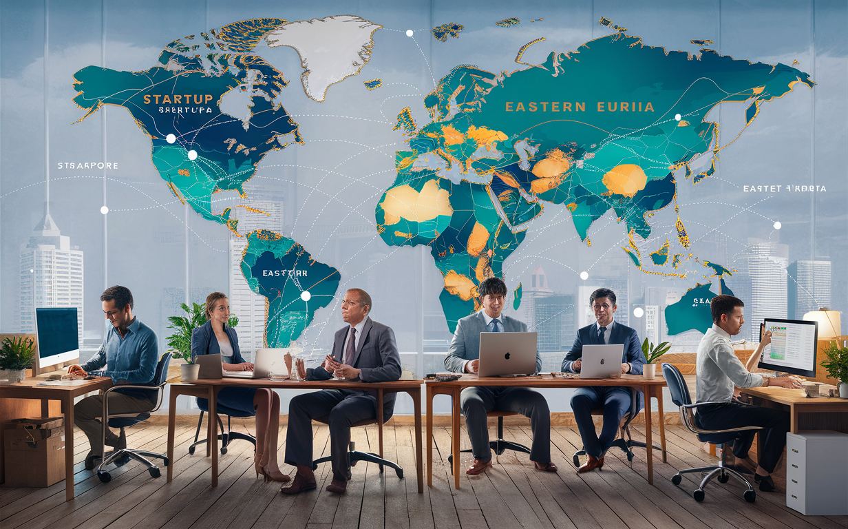 Detailed image representing different company types using a global hiring platform, set against a world map highlighting major international business hubs, with professionals collaborating remotely in realistic office environments.