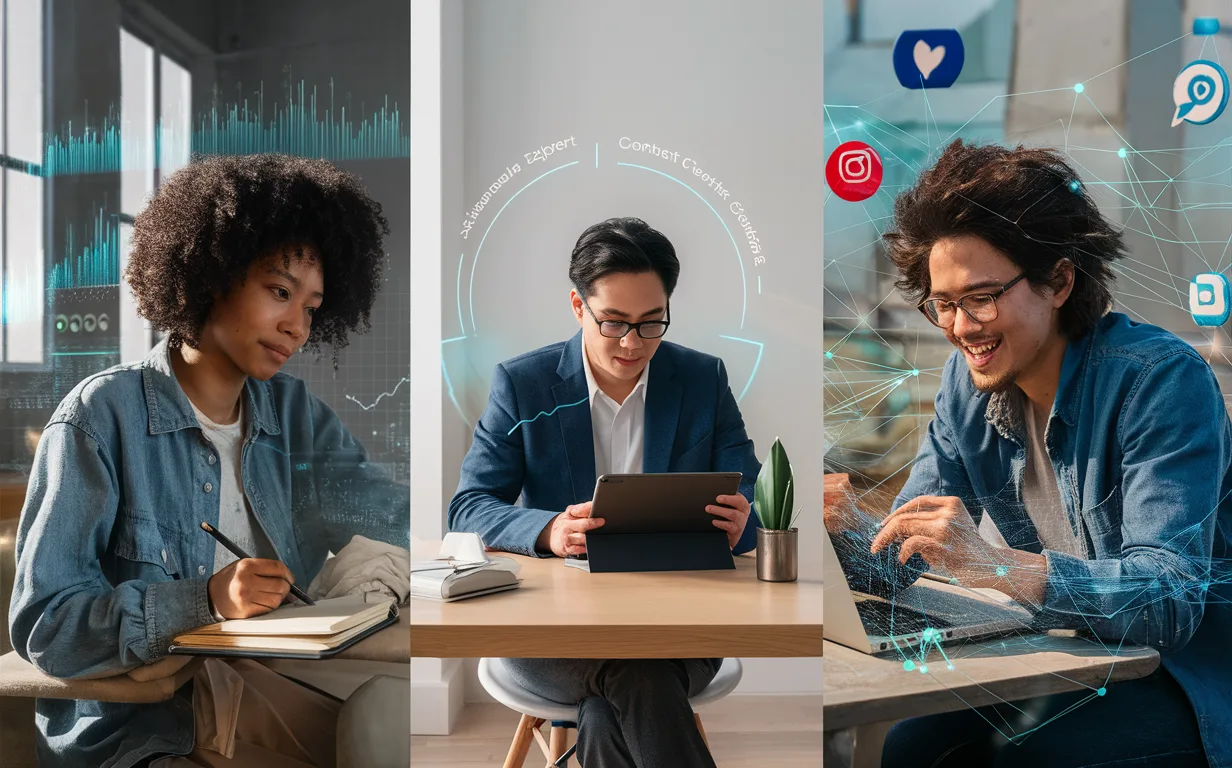 Realistic depiction of three customer segments: beginner writer, expert professional, and content creator connected by digital technology in a bright, modern workspace.