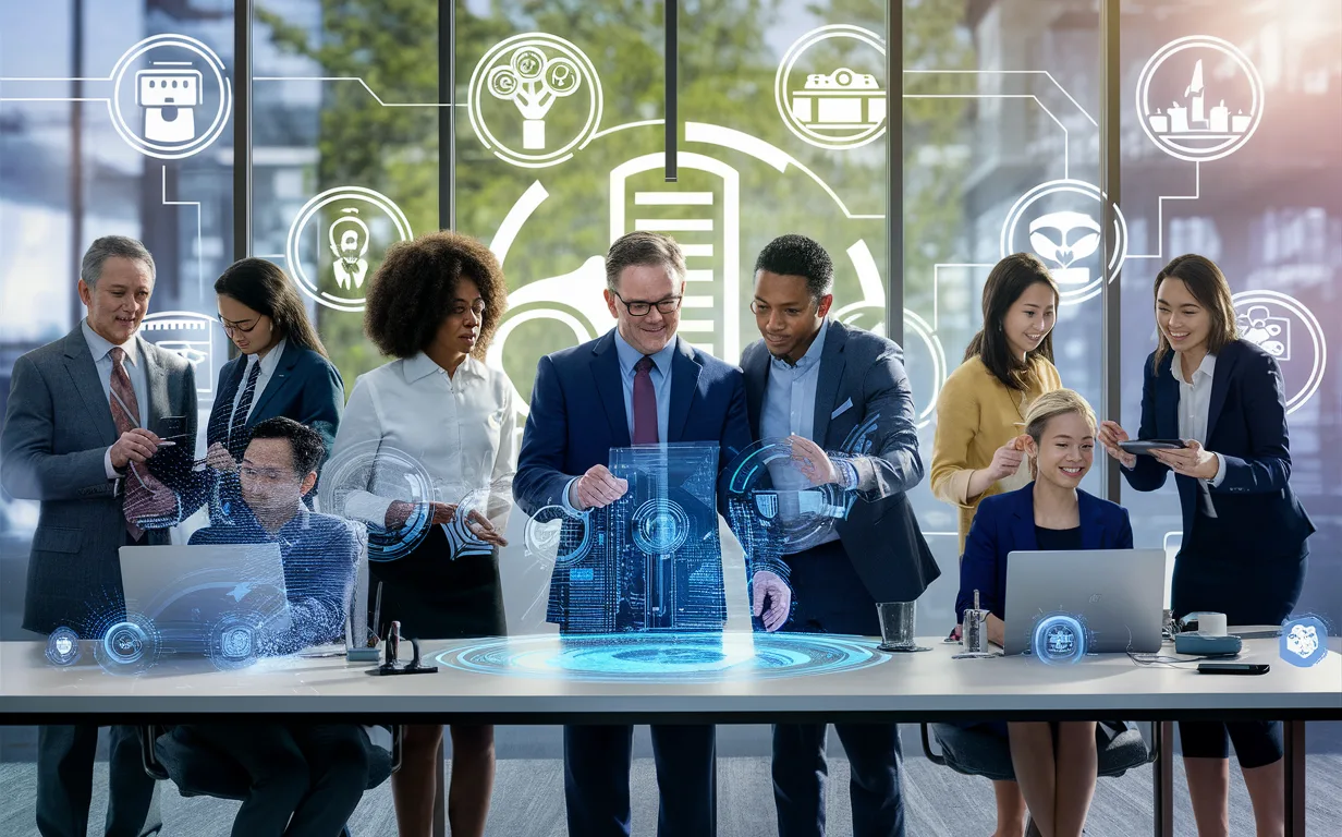 Realistic image of diverse corporate teams collaborating with digital tools across multiple industries inside a modern office.