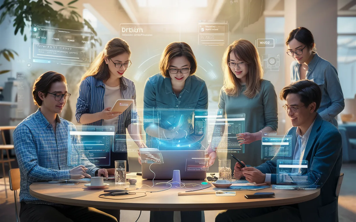 A diverse group of professionals collaborating in a bright tech workspace, representing different users who benefit from turning Notion pages into professional websites without coding.