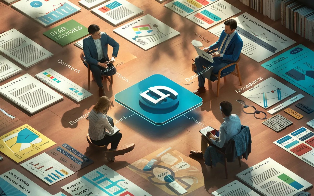 Four professional groups symbolized around a central Notion workspace, representing target users of an email automation service for content creators, businesses, project managers, and educators.