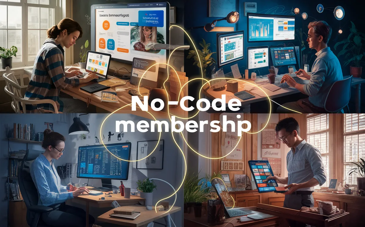 Four diverse professionals representing web designers, content creators, SaaS startup founders, and small business owners using a no-code membership platform in a modern tech workspace.