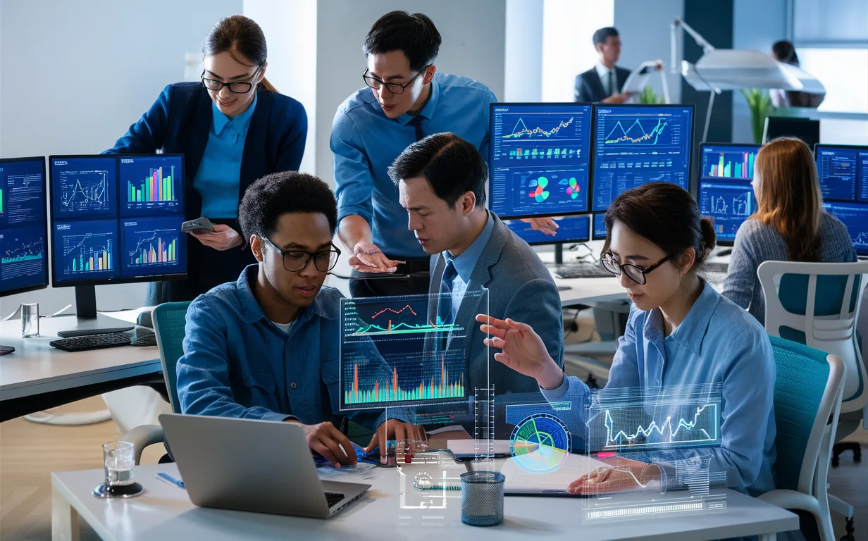 Realistic image showing diverse professionals such as developers, IT staff, data analysts, and marketing teams interacting with advanced data visualization tools in a modern office setting.