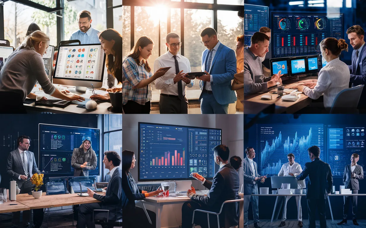 Various business professionals including marketing agencies, small businesses, sales teams, and executives interacting with realistic digital data dashboards in modern office environments.