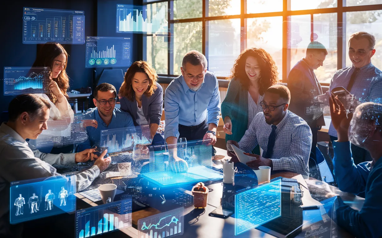 Diverse business professionals using interactive, no-code data visualization dashboards collaboratively in a bright and modern office setting.