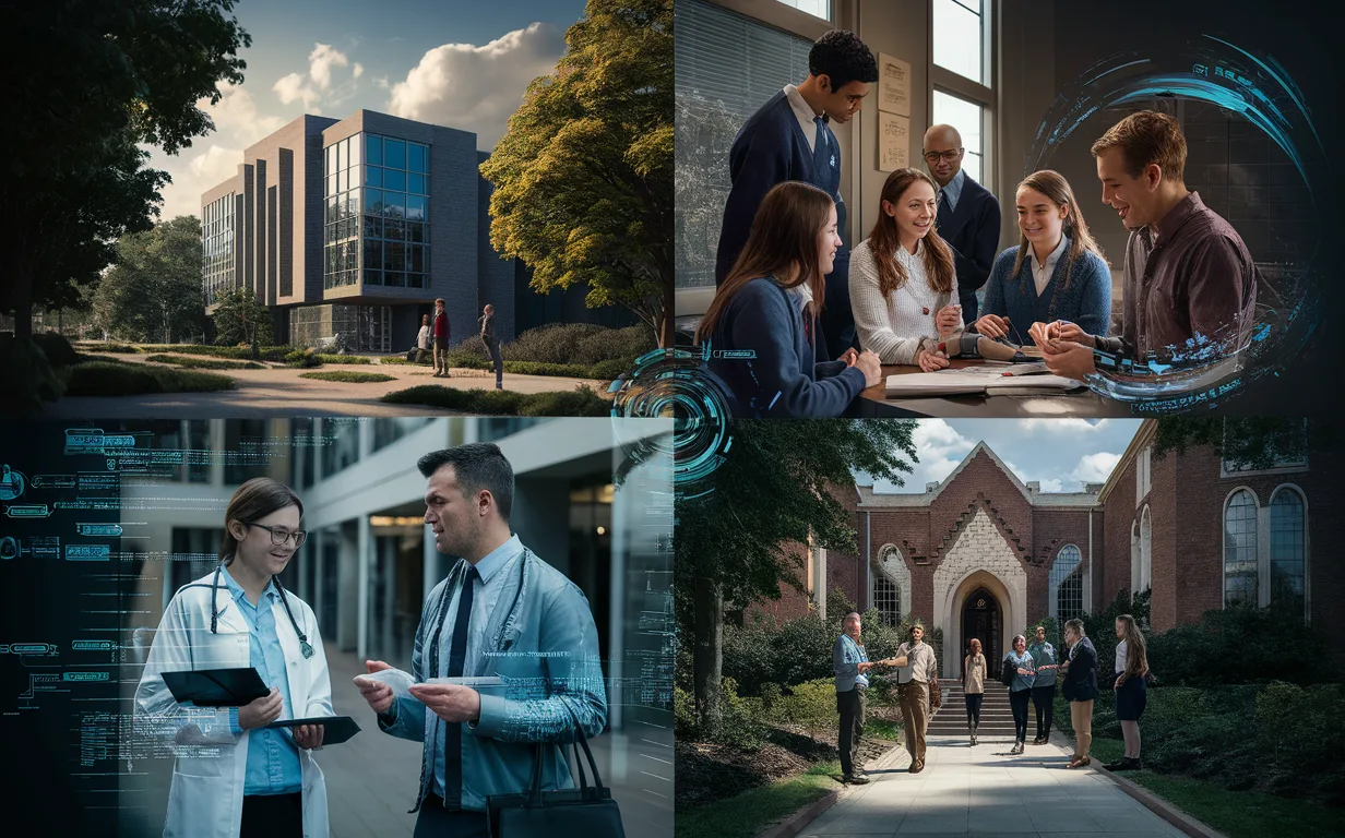 Four diverse educational institutions including a mid-sized university, private high school, professional graduate school, and religious school connected by a digital network representing Almabase's comprehensive alumni management services.