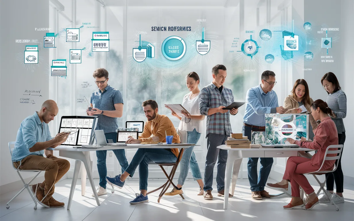 Diverse design professionals and students working in a bright modern space with digital tools, highlighting different client segments like freelancers, students, and startups using creative workflows and holographic infographics.