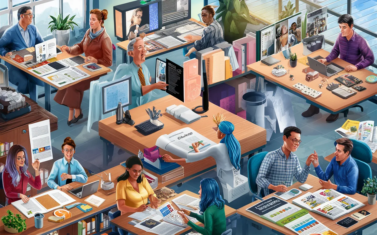 Detailed 4K image showing diverse professionals including marketers, publishers, educators, small business owners, and nonprofit staff using digital flipbook technology in modern office settings.