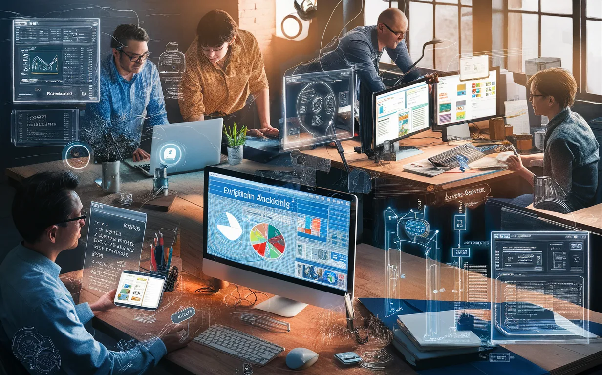 A high-detail realistic image showing diverse marketing professionals using digital devices in an office, symbolizing no-code landing page creation and marketing efficiency for various business users.