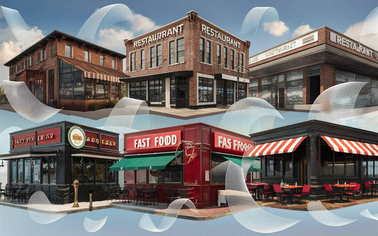 Diverse restaurant types including independent restaurant, chain, franchise, café, fast food, and casual dining connected through digital workforce management software in a realistic, bright, and detailed scene.