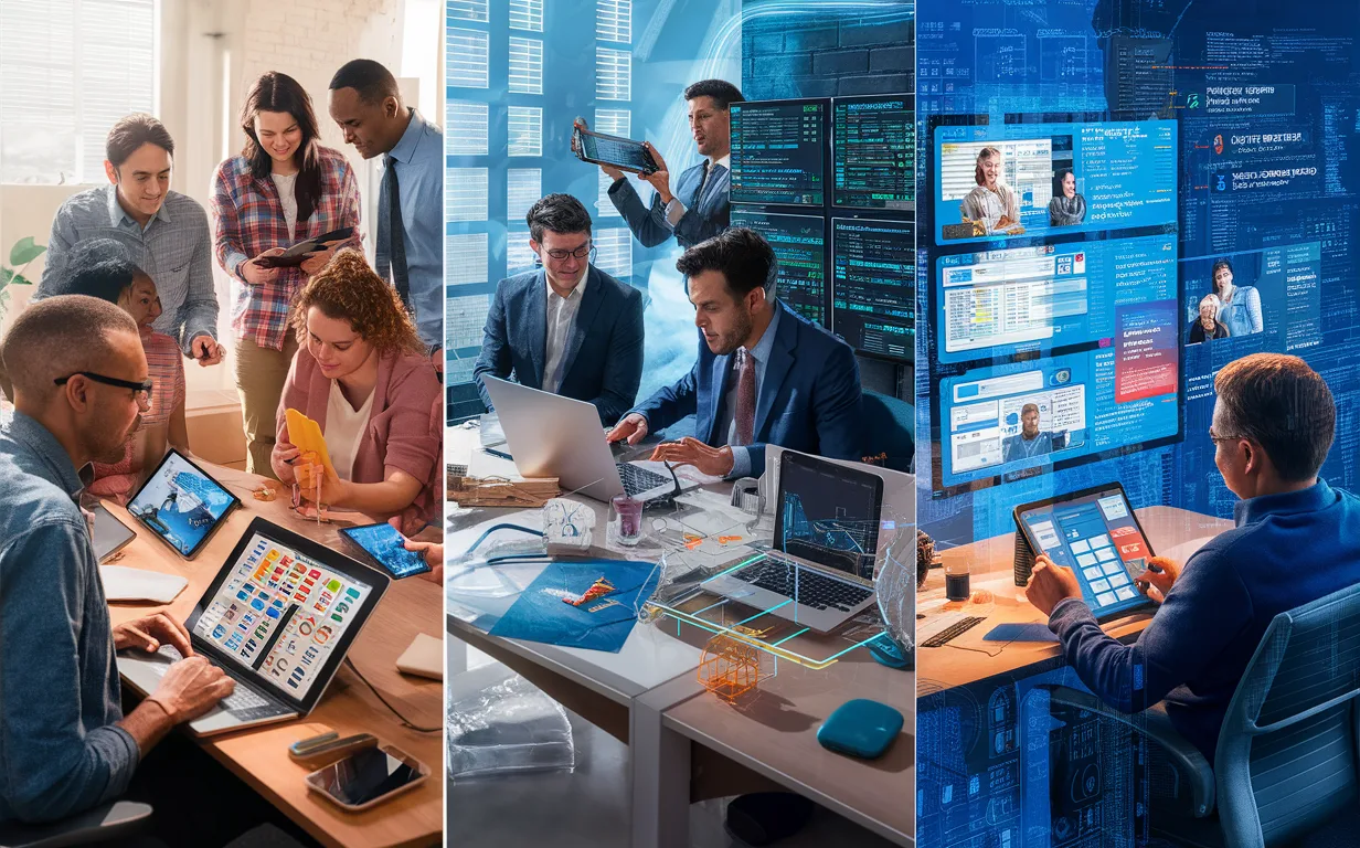 Three groups of users including startup developers, corporate IT team, and business analysts working with technology showcasing a low-code platform's diverse user base.