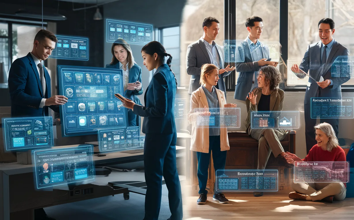 Detailed scene of digital marketing agency and local small business owners using a marketing automation platform with industry-specific automated solutions, shown as realistic holographic interfaces.