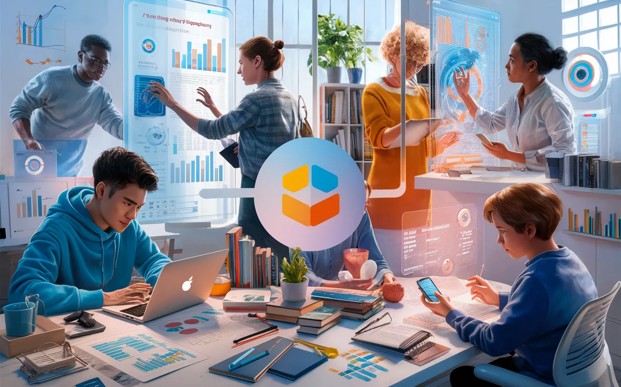 Realistic modern scene showing diverse individuals engaging with goal tracking technology, representing the target users of Beeminder including self-development enthusiasts, behavioral science fans, data-driven thinkers, accountability seekers, and focused goal achievers.