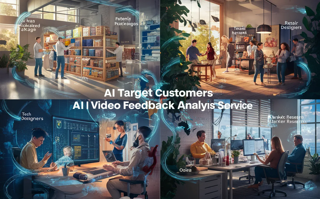 4K realistic image illustrating diverse industries using AI video feedback analysis: CPG product testing, retail shopping experience, tech UX evaluation, and market research, interconnected by digital data flows.