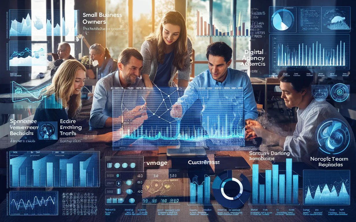 Diverse group of business professionals interacting with a large transparent digital dashboard displaying multiple real-time data visualizations in a modern, well-lit workspace.