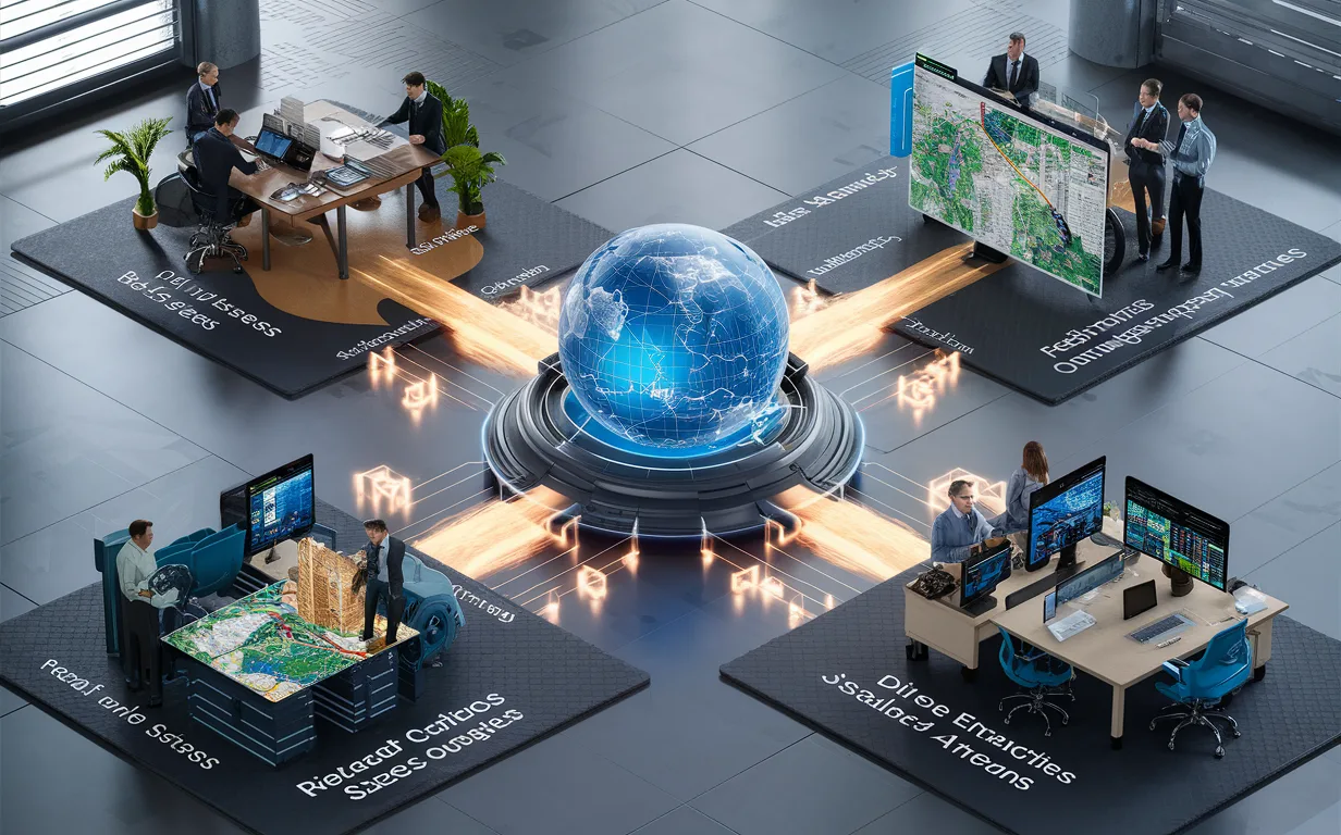 Detailed image showing four business groups connected to a central digital map, representing various customer segments using geospatial analysis for sales and marketing optimization.