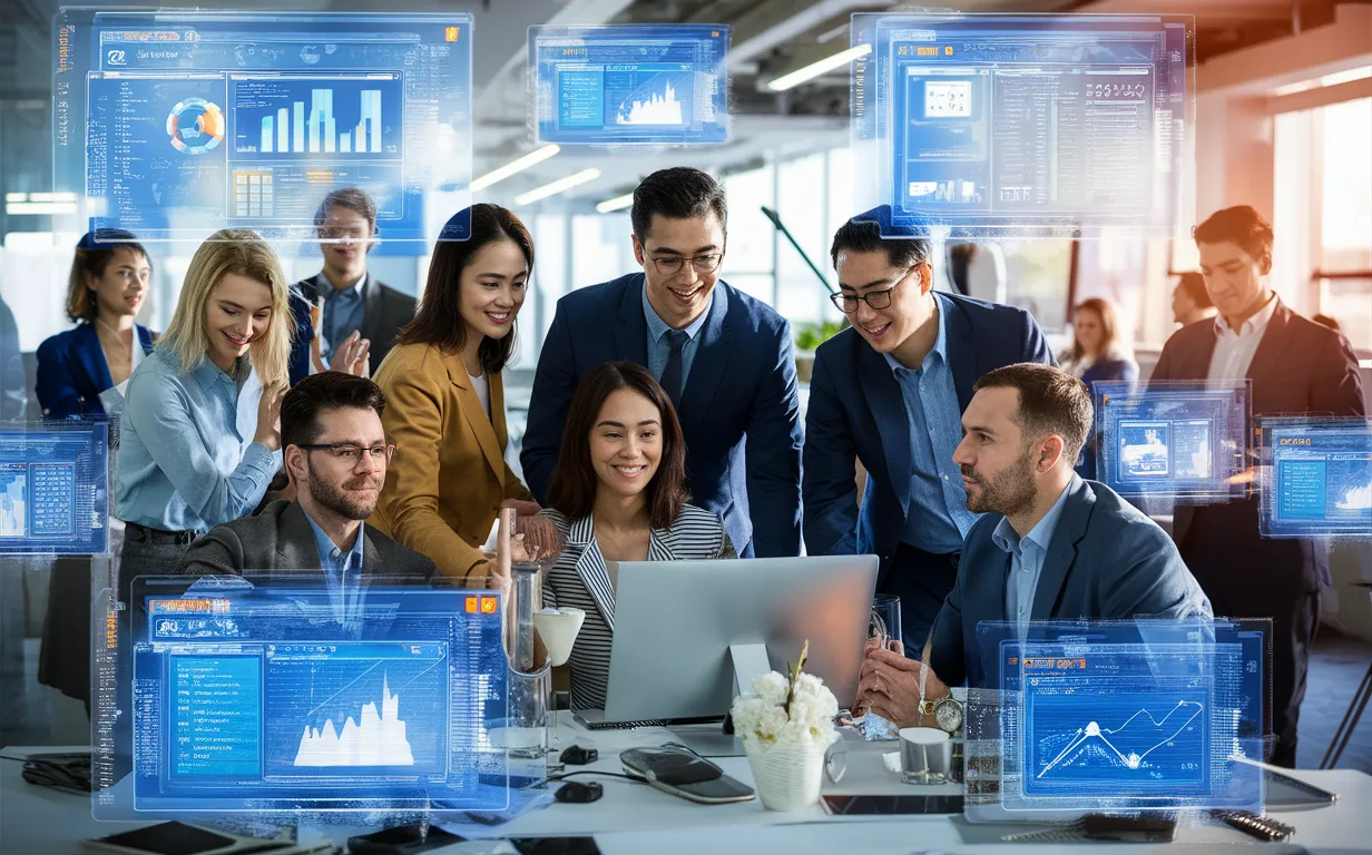 Realistic 4K image of diverse B2B SaaS professionals collaborating in a modern office with digital interfaces displaying complex software solutions.