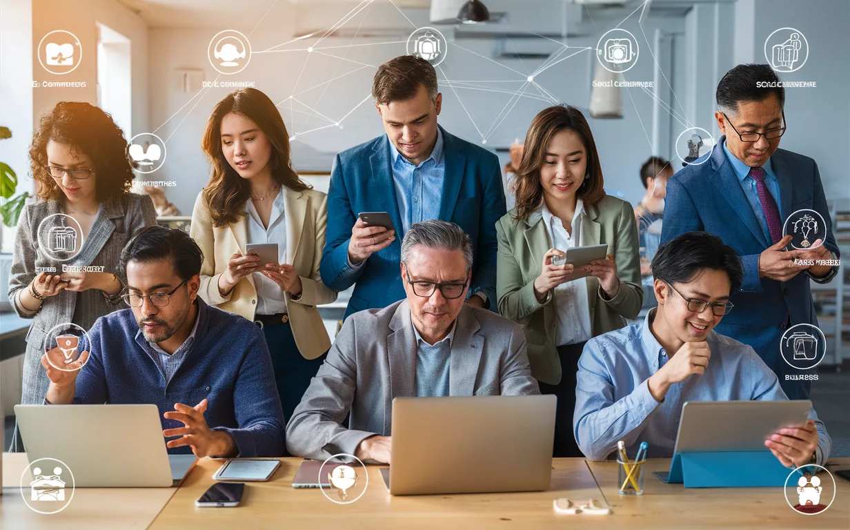 Diverse small business professionals using multiple devices to manage customer interactions across social media, symbolizing integrated support for growing companies.