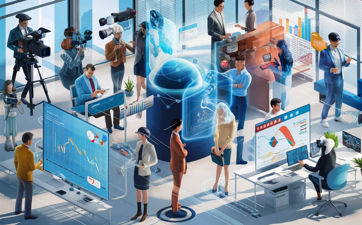 4K realistic image depicting various professionals including content creators, marketers, advertisers, social media managers, and analysts interacting with holographic social media analytics data in a modern tech office.