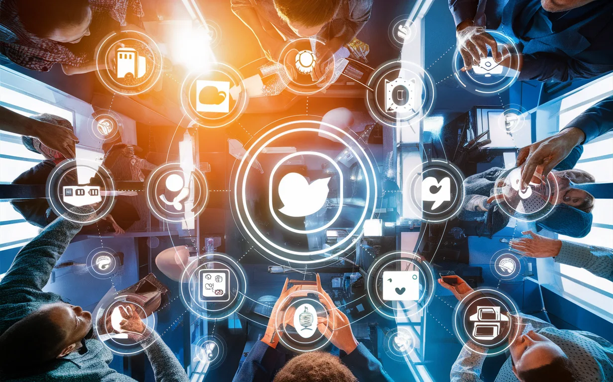 Digital marketing professionals from various segments collaboratively working with a high-tech digital interface symbolizing social media content management and automation.