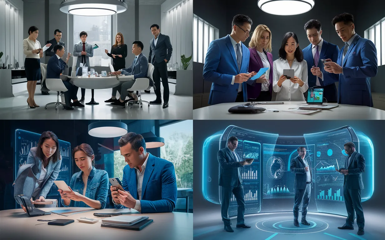 Four groups of professionals representing brands, agencies, influencers, and researchers analyzing social media data using futuristic digital displays in a modern office environment.