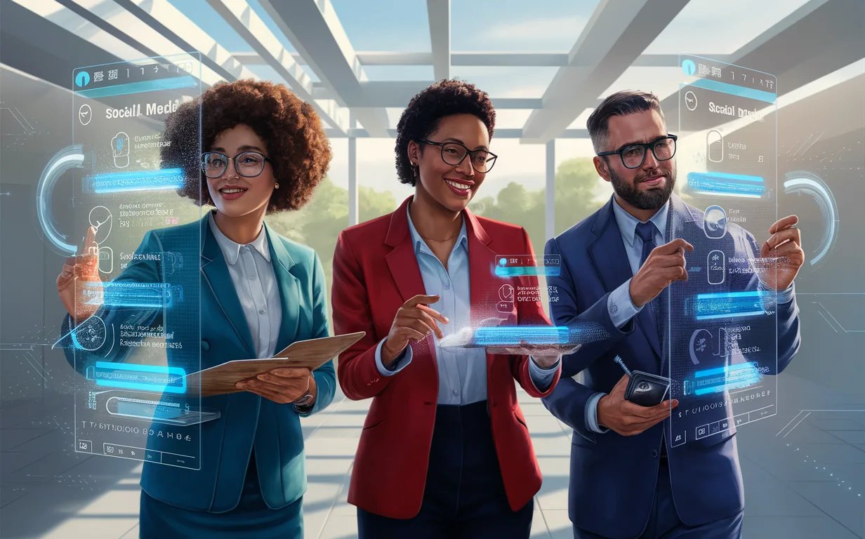 Three professionals including a small business owner, a freelance marketer, and a content creator interacting with automated social media management interfaces in a modern tech environment.