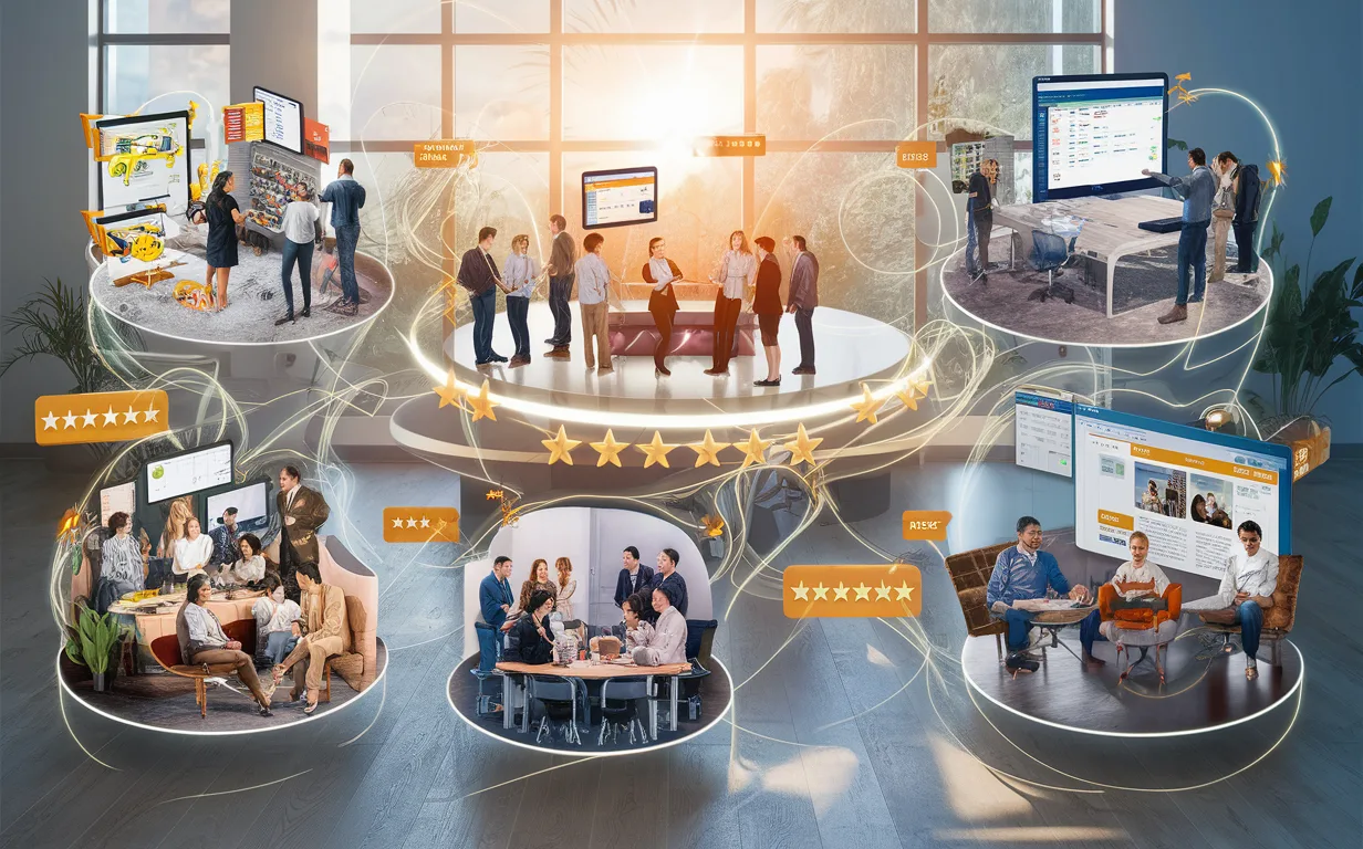 Detailed 4K realistic illustration of various business segments connected by glowing network lines and star ratings, representing how collective voice platform supports e-commerce, SaaS, startups, and customer-centric companies.