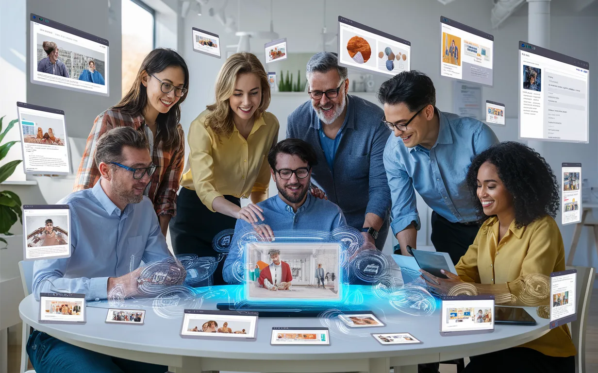 Diverse group of professionals collaborating around digital screens with holographic visuals illustrating interactive web animations, representing different user groups benefiting from scroll animation tools.