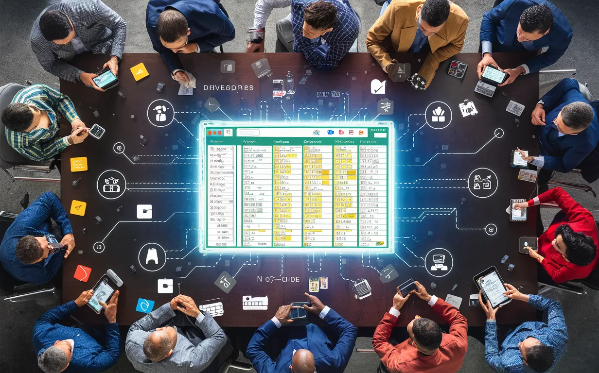 Diverse group of professionals using a central digital spreadsheet connected to various devices and applications, symbolizing easy database solutions for different user types.