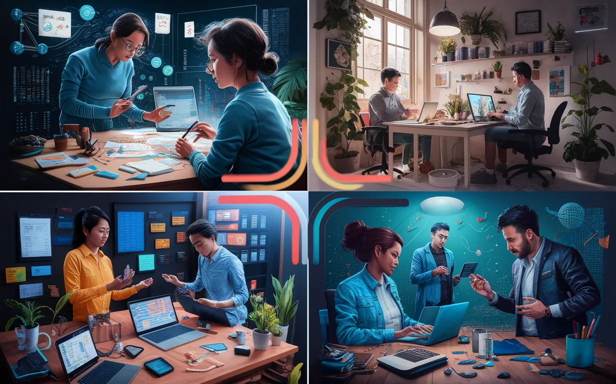 4K realistic image illustrating four user groups—content marketers, small business marketers, freelancers, and startup founders—using an automated outreach tool in distinct dynamic environments, emphasizing efficiency and IT business innovation.