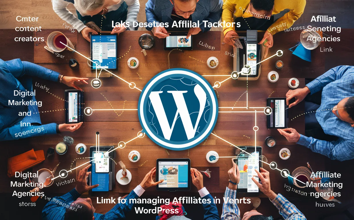 Realistic image of diverse professionals collaborating around digital devices illustrating affiliate link management and tracking, representing the target users of Pretty Links WordPress plugin.